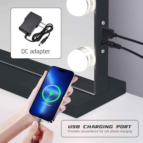 NUSVAN Vanity Mirror with Lights Lighted Makeup Mirror with 15 Dimmable LED Bulbs,3 Color Lighting Modes,USB Charging Port Touch Control,Sturdy Metal Frame Design 22.8x18 Inch,Black