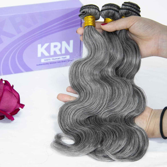 KRN Salt and Pepper Human Hair Bundles 10 12 14 Inch 100% Unprocessed Gray Virgin Human Hair Bundles Body Wave for Black Women Grey Hair Weave Extensions