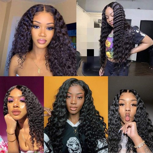 10A Deep Wave Human Hair Bundles with Closure 14 16 18+12 Brazilian Deep Weave Curly Human Hair 3 Bundles with 4x4 Lace Closure Remy Unprocessed Virgin Human Hair Bundle Natural Color