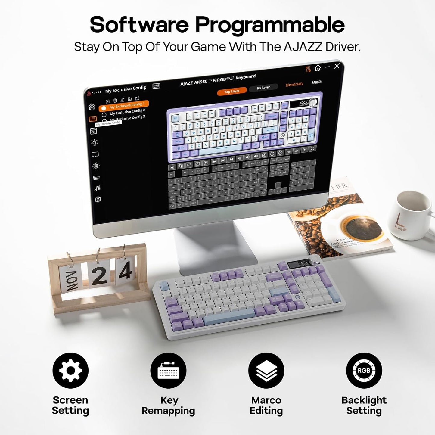 AJAZZ AK980 96% USB-C/BT5.0/2.4GHz Wireless Gaming Keyboard with 1.14’’ TFT Screen, Hot Swappable Creamy Mechanical Keyboard with FR4 Plate, Knob, RGB for Win/Mac (White, Gift V2 Switch)
