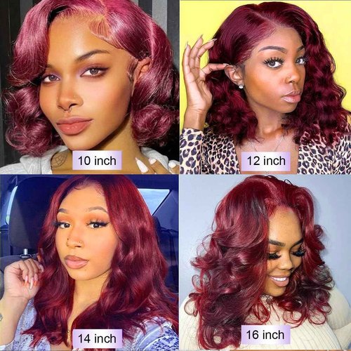mmiQus 14 Inch Burgundy Bob Wig Human Hair 13x6 99j Burgundy Lace Front Wigs Human Hair Bob Wigs For Black Women 200% Density 99j 13x6 Hd Transparent Lace Front Body Wave Wigs Pre Plucked Pre Cut