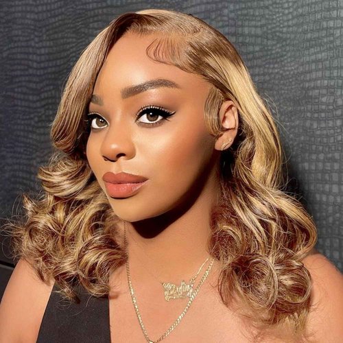 Hihmarm 16 Inch Highlight Bob Wig Human Hair 13x4 Body Wave HD Lace Front Wigs Human Hair Pre Plucked 180% Density Glueless Ombre Lace Front Wig Human Hair Bob Wigs for Black Women Natural Hairline