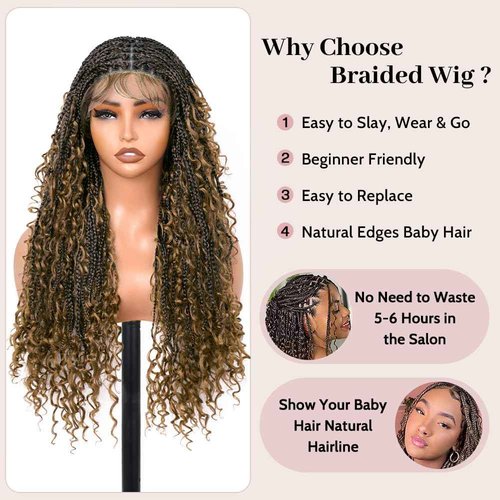 Suntefic Boho Box Braided Wigs for Black Women Glueless Double Full Lace Human Hair Blended Lightweight Hand Braid Wig with Baby Hair (4-#27, 28 In)