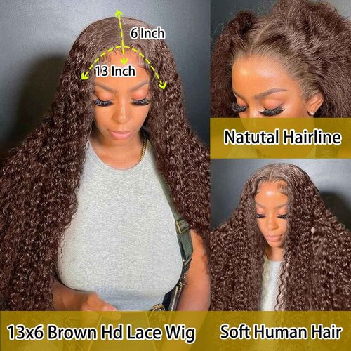 BIANFA 13x6 Deep Wave Lace Front Wigs Human Hair Chocolate Brown 220 Density HD Lace Front Wigs Human Hair Curly Wig Pre Plucked Human Hair Glueless Frontal Wigs (18inch)
