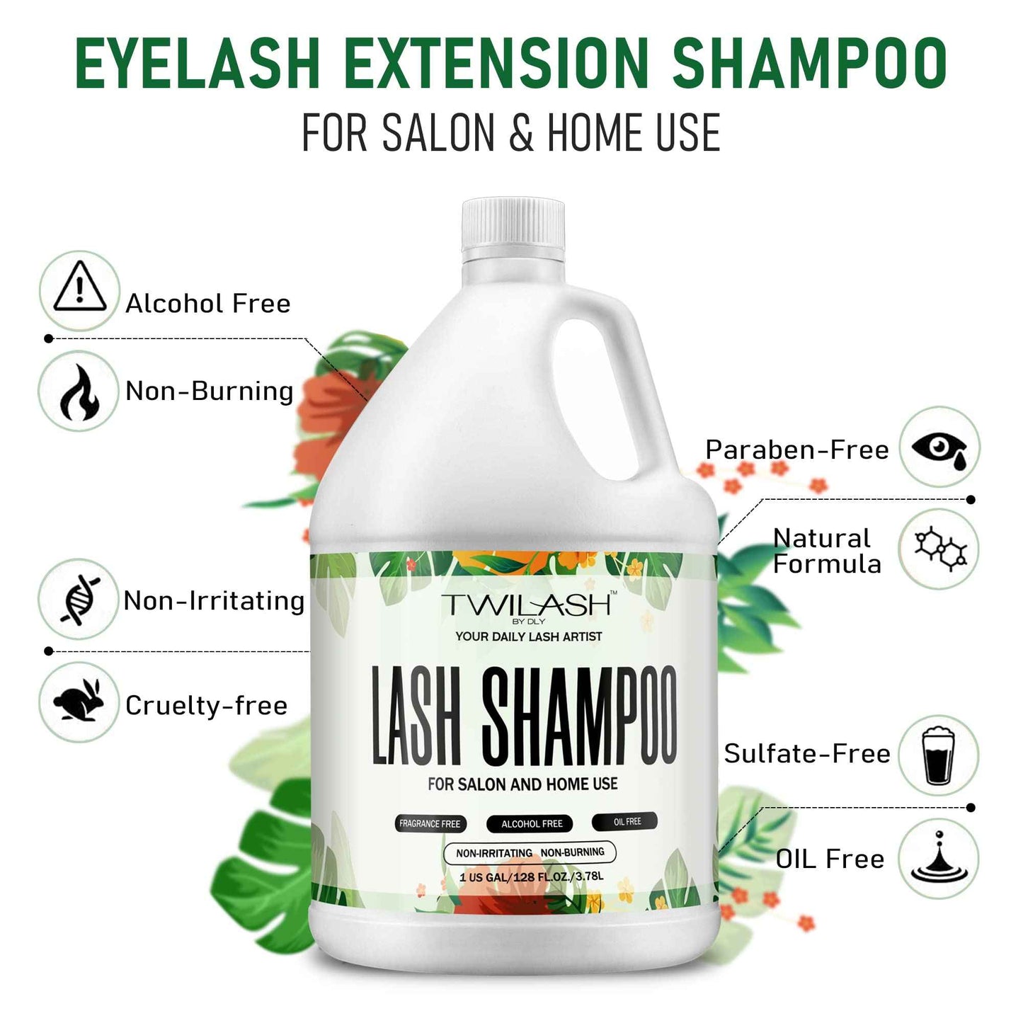 Lash Shampoo Bulk, Eyelash Cleanser for Extensions 1 Gallon / 3.8L - Includes 50 Aftercare Kits, 5 Foam Pump Bottles, Dispenser Pump - Eyelid Foaming Cleanser for Professional Salon and Home Use