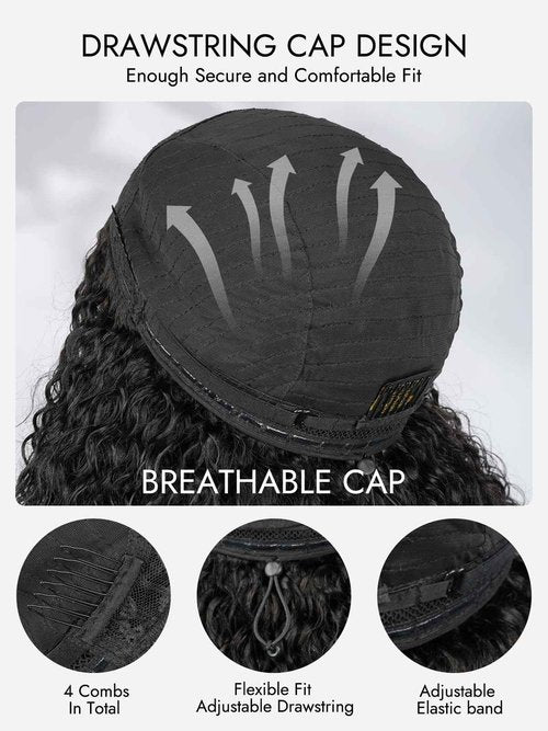 Wiggins Curly Half Wig Human Hair Glueless Wigs Upgrade 3 IN 1 Half Wig With Drawstring Seamless Clip Ins Flip Over Kinky Curly Human Hair No Glue No Lace For Women 16 Inch