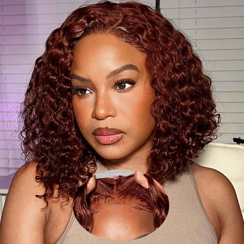 Reddish Brown glueless wigs human hair pre plucked pre cut Deep Wave 7x5 Wear And Go Closure Wigs Reddish Brown Lace Front Wigs Human Hair 180% Density Auburn Wig for Women 10 Inch
