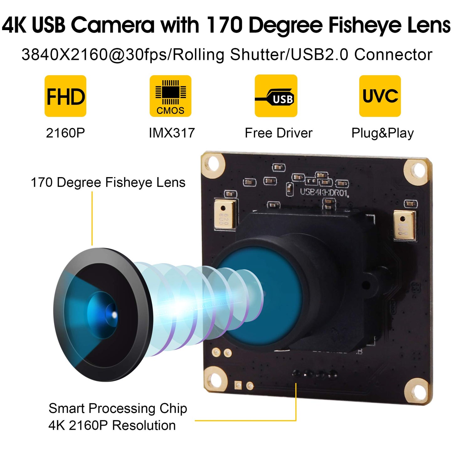 4K USB Camera Module Wide Angle with Microphone 170degree Fisheye Lens Audio Video Webcam Board for Computer Mini UVC USB2.0 PC Camera Industrial USB with Camera IMX317 Lightburn Camera