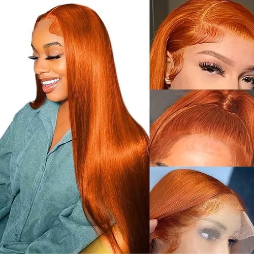 Fiumer Ginger Wig Human Hair 13x4 Straight Ginger Orange Lace Front Wigs Human Hair HD Transparent Lace Frontal 350 Colored Wig Pre Plucked 180% Density 28inch