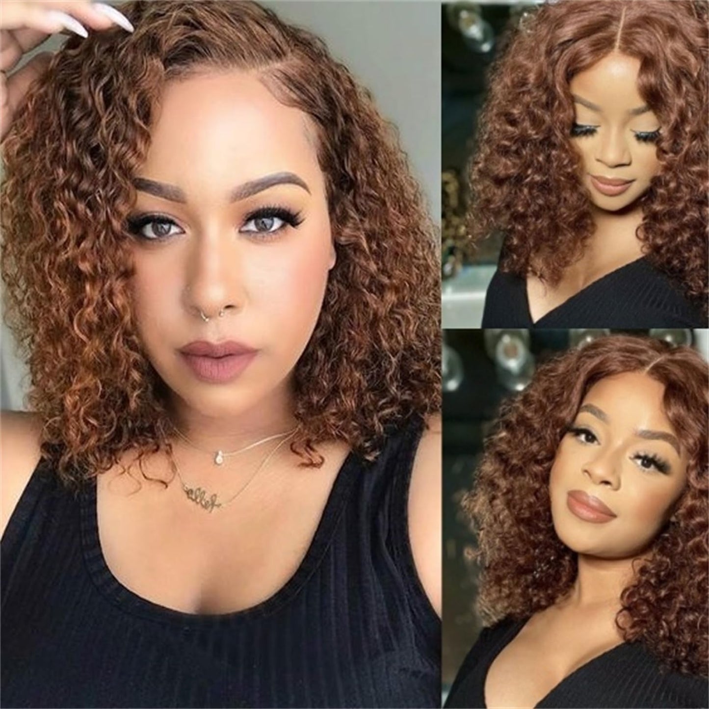 poshbash Wear and Go Glueless Wigs Human Hair Pre Plucked Pre Cut Chocolate Brown Deep Wave Curly Bob Wig Human Hair 180% Density 4x4 Lace Closure Wigs for Black Women Short Bob Wig Glueless 12 Inch