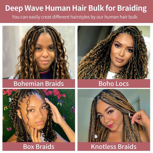 2 Bundles Human Braiding Hair for Boho Braids, 22Inch 120G P4/27 10A Brazilian Virgin Deep Wave Bulk Human Hair for Braiding, Wet And Wavy No Weft Curly Braiding Hair for Boho Knotless Braids
