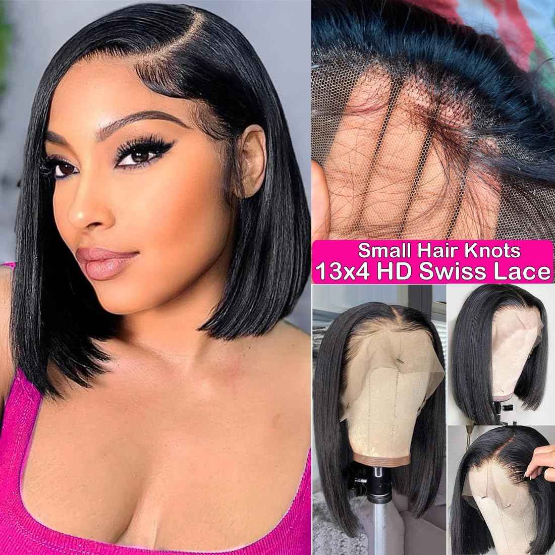 250% Density Bob Wig Human Hair 13x4 HD Lace Front Wigs Human Hair Pre Plucked with Baby Hair Wear and Go Glueless Short Bob Wigs for Black Women Straight Bob Frontal Wigs Human Hair 12 Inch