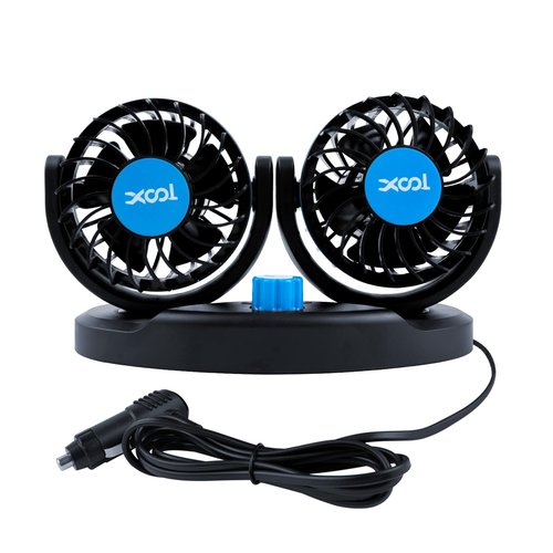 XOOL 12V Fan Car Fan, Adjustable Dual Head 3.5 Inches for Front Seat Passenger, 360° Rotatable Electric Car Cooling Fans with 2 Speed Regulation for SUV, RV, Vehicles