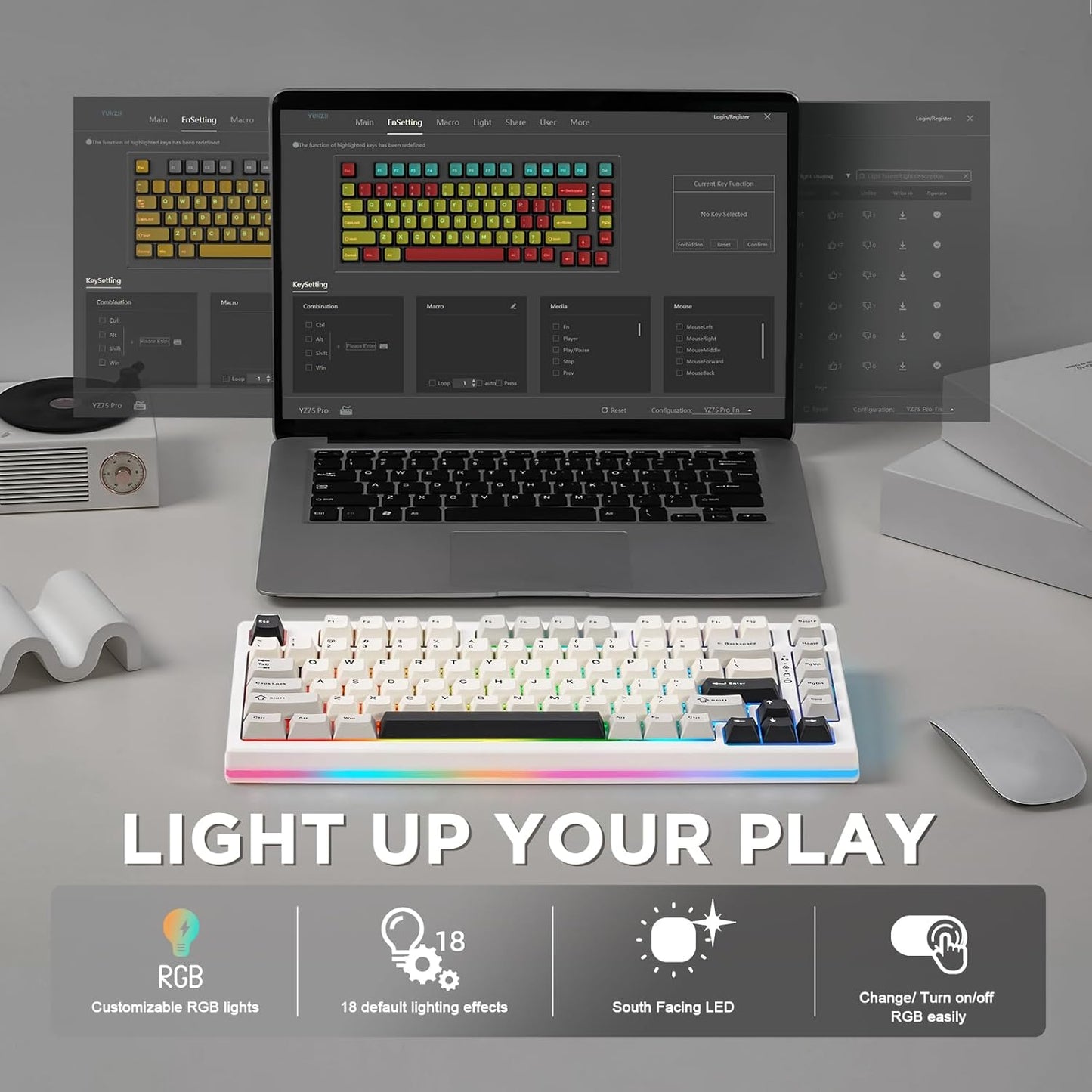 YUNZII YZ75 75% Hot Swappable Wireless Gaming Mechanical Keyboard, RGB Backlights, BT5.0/2.4G/USB-C, Dye Sub PBT Keycaps for Linux/Win/Mac(Gateron G Pro Red, Black)