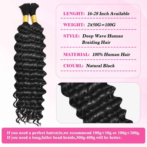 Deep Wave Bulk Human Hair for Braiding 100% Unprocessed Brazilian Virgin Human Hair for Boho Knotless Braids 100g 28 Inch Human Hair Braiding Hair 1B Braiding Hair No Weft