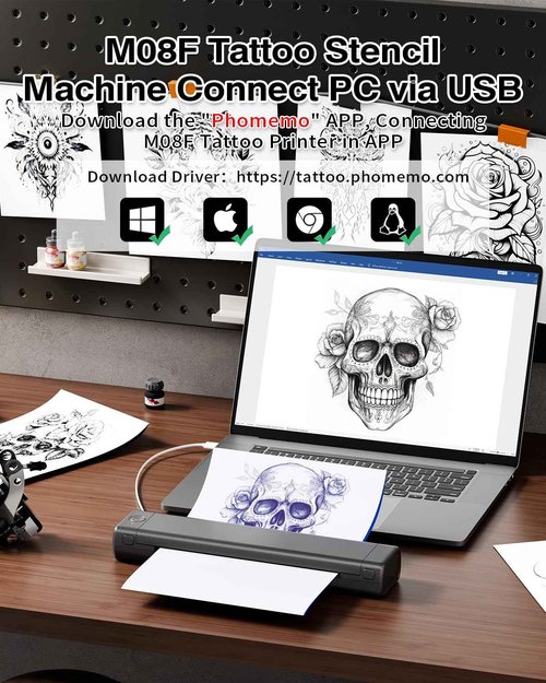 Phomemo M08F Bluetooth Tattoo Stencil Printer & Tattoo Transfer Paper - 45 Sheets A4 Size Portable Wireless Stencil Printer for Tattooing, Compatible with Smartphone & PC, Grey