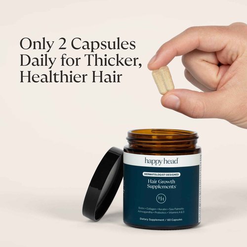 Happy Head Hair Growth Supplement for Men and Women – Thicker, Fuller Hair with Saw Palmetto, Ashwagandha, Biotin, Collagen, Keratin, Probiotics & Vitamins A & D – One Month Supply – 60/ct