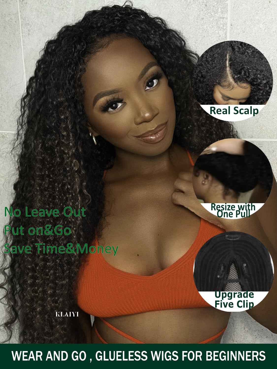 KLAIYI Ombre Brown V Part Wig Curly Human Hair Upgrade U Part Wig with Dark Roots Glueless Chestnut Brown Clip in Half Wig No Glue No Lace No Leave Out 30S Easy to Wear and Go Beginner Wig 150% 14Inch