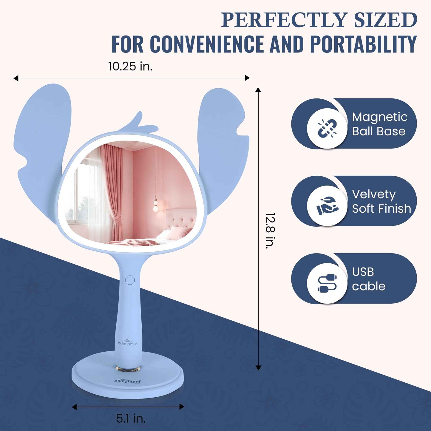 Impressions Vanity Stitch Ohana LED Handheld Makeup Mirror for Desk, Lighted Travel Makeup Mirror with Detachable Standing Base, Ultra Bright Adjustable Lighting, and Ohana Figural Shaped Design