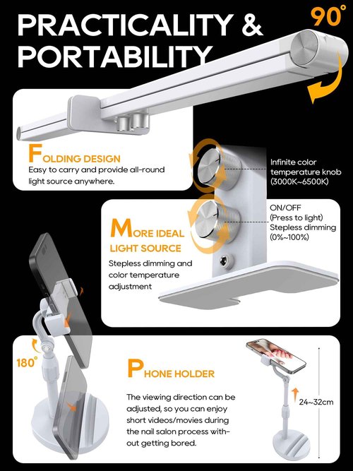 Portable Desk Lamp for Nail Tech, 3 Color Temperature, 4000-6000K Brightness Adjustable LED Nail Light for Desk