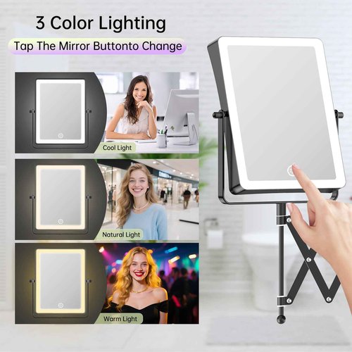 FASCINATE Rechargeable Wall Mounted Makeup Mirror with Lights, 8.7 Inch Double Sided Touch Switch 1X 30X Magnifying Bathroom Mirror, 3 Color Lights Touch Dimmable Extended Arm 360°Rotation (Black)