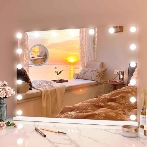 GAOMON Vanity Mirror with Lights, Lighted Mirror with 17 Dimmable LED Bulbs, Makeup Mirror with 3X Magnification, 3 Colors Modes,Touch Control, Metal Frame,White