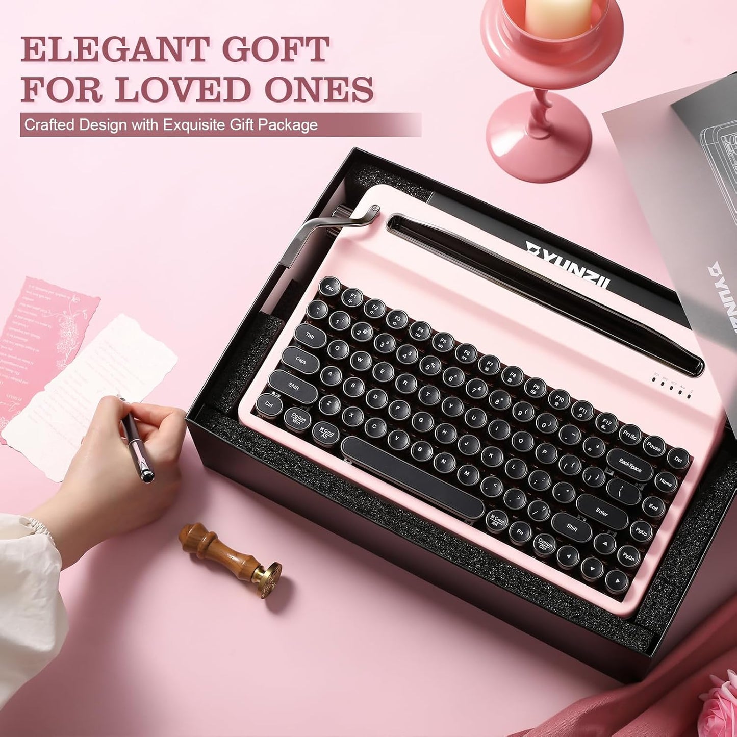 YUNZII QL75 Wireless Typewriter Hot Swap Retro Mechanical Keyboard,Punk Round Keycaps,RGB Backlit QMK/VIA Programmable,Multi-Device Keyboard with 2.4GHz/Type-C/BT5.0 (Pink, Cocoa Cream V2 Switch)