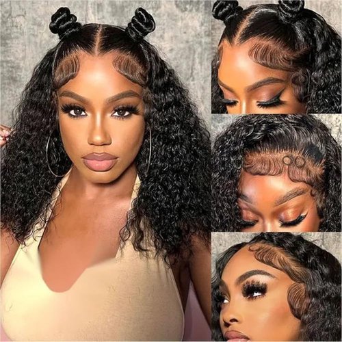 FCUFCU 16 Inch Deep Wave Bob Wig Human Hair 13x4 Frontal Lace Wig 200% Density Short Bob Wigs Human Hair for Black Women Glueless Curly Bob Wig With Baby Hair Natural Black