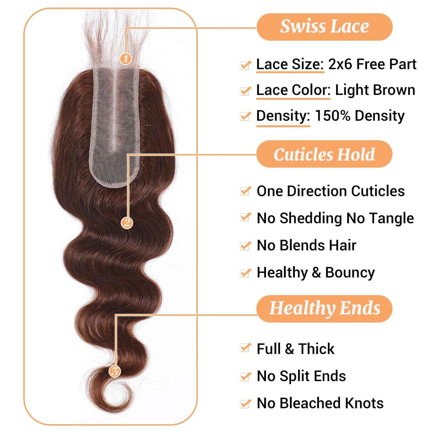 2x6 HD Lace Closure 4# Brown Body Wave Transparent 2 by 6 HD Lace Closure 18 Inch 100% Brazilian Virgin Unprocessed Middle Part Human Hair Closure