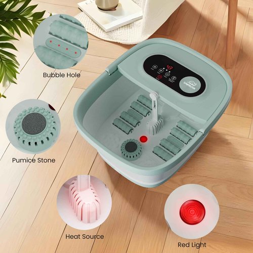 Snailax Collapsible Foot Spa with Heat, Foot Bath Massager with 8 Massage Rollers, Temperature Control, Bubbles, Pumice Stone, Foot Soaking Tub, Pedicure Foot Spa (Green)