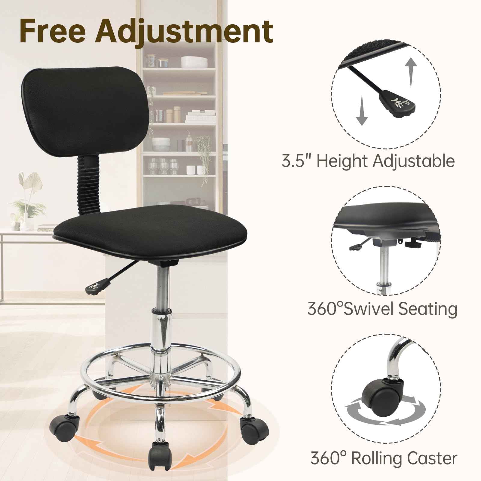 KLASIKA Low Wide Rolling Swivel Stool with Backrest, Adjustable Height Salon Chair Stools with Footrest for Spa Tattoo Office Desk Massage Task Lash Barber Facial, Black 1PK