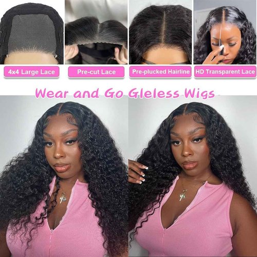 Wear and Go Glueless Wigs Human Hair Pre Plucked Pre Cut Deep Wave Lace Front Wig 4x4 Lace Closure Curly Human Hair Wig for Black Women 180% Density Curly Lace Front Wigs Glueless 24 Inch