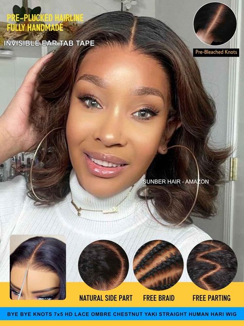 Sunber Ombre Chestnut Brown Light Yaki Straight Bob Human Hair Wigs Bye Bye Knots Pre Cut 7x5 HD Lace Front Lace Put On and Go 3s Wear Glueless Brown Yaki Bob Wig Pre Bleached Invisible Knots 12Inch