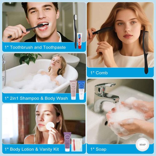 Toiletries Kits Bulk Disposable Travel Supplies, Personal Hygiene Care Essentials Men Women Trial Size Toiletry Sets Amenities for Hotel/Camping/ Charity/Homeless/Shelter/Relief 7 in 1 (60 Pack)