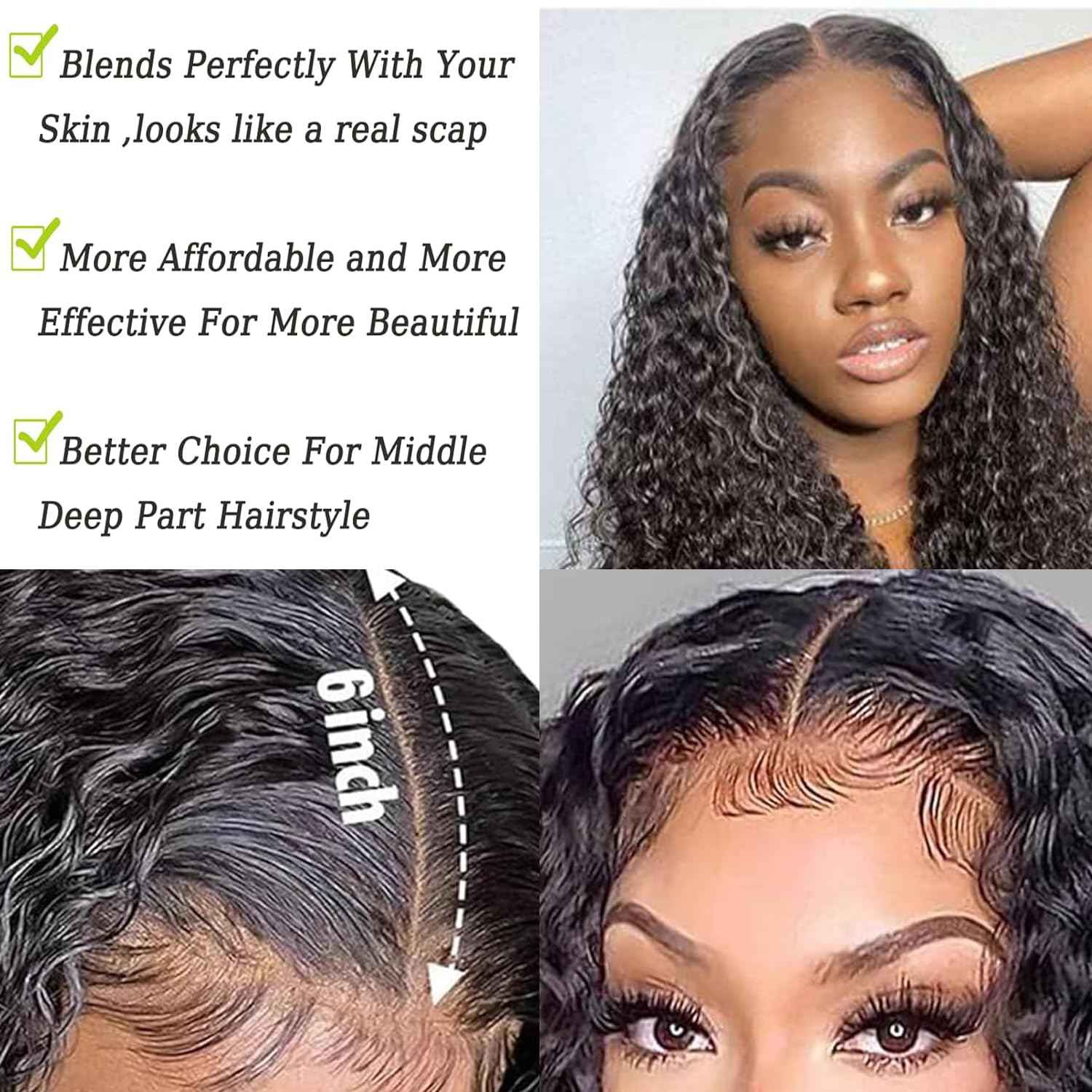 2x6 Hd Lace Closure Unprocessed Human Hair 150% Density Closure Pre-Plucked Hairline Deep Wavy Style Closure Middle Part With Baby Hair Natural Black Color 20 Inch