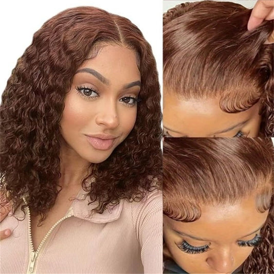 poshbash Wear and Go Glueless Wigs Human Hair Pre Plucked Pre Cut Chocolate Brown Deep Wave Curly Bob Wig Human Hair 180% Density 4x4 Lace Closure Wigs for Black Women Short Bob Wig Glueless 12 Inch