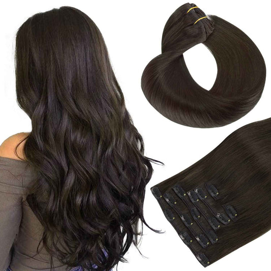 HOTBANANA Human Hair Clip in Hair Extensions, Dark Brown 120g Clip in Hair Extensions Real Human Hair Straight Remy Hair 24 Inch 7pcs