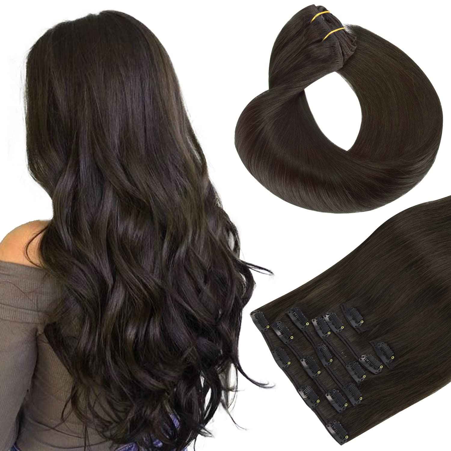 HOTBANANA Human Hair Clip in Hair Extensions, Dark Brown 120g Clip in Hair Extensions Real Human Hair Straight Remy Hair 20 Inch 7pcs