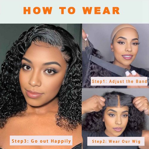 JCL Glueless Wigs Human Hair Pre Plucked Pre Cut 10 Inch Curly Human Hair Wig 4x4 HD Lace Closure Wigs Glueless Wear and Go Bob Wig Human Hair for Black Women Deep Wave Lace Front Wigs