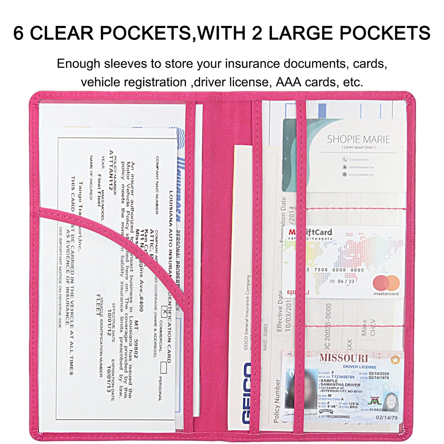 LumiMokki Premium Car Registration & Insurance Card Holder with Magnetic Shut, Vehicle Glove Box Car Organizer - For Documents, Cards, License (Rose red)