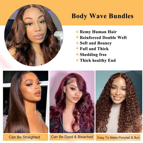 QXRM Body Wave Bundles Human Hair - 12A Brazilian Virgin Human Hair Bundle Double Weft Weave 100G Unprocessed Weave Medium Brown Body Wave (4#, 12 14 16)