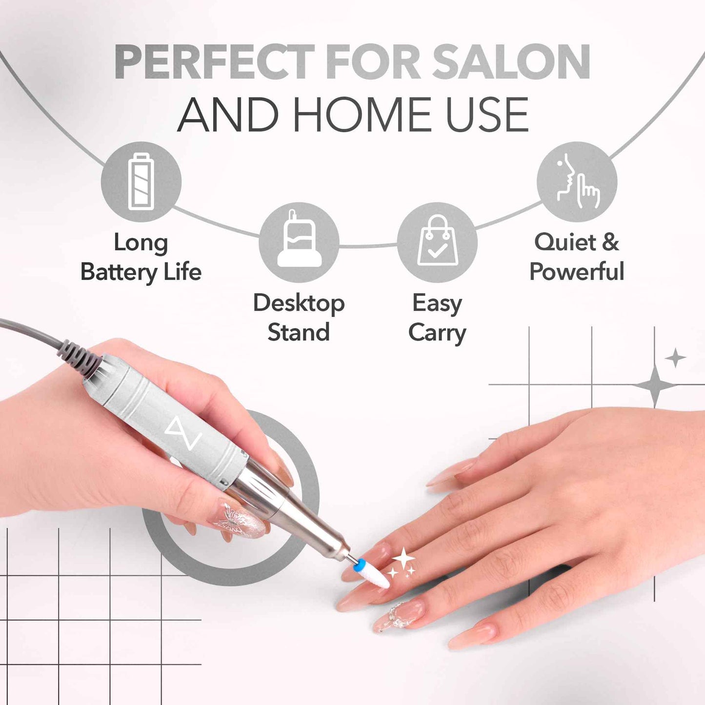 M Mase- Professional Nail Drill Machine - Coreless 2-in-1 Nail File - Electric, Cordless, 35000 RPM, HD Display - Electric Nail Drill for Professional & Home Use (White)