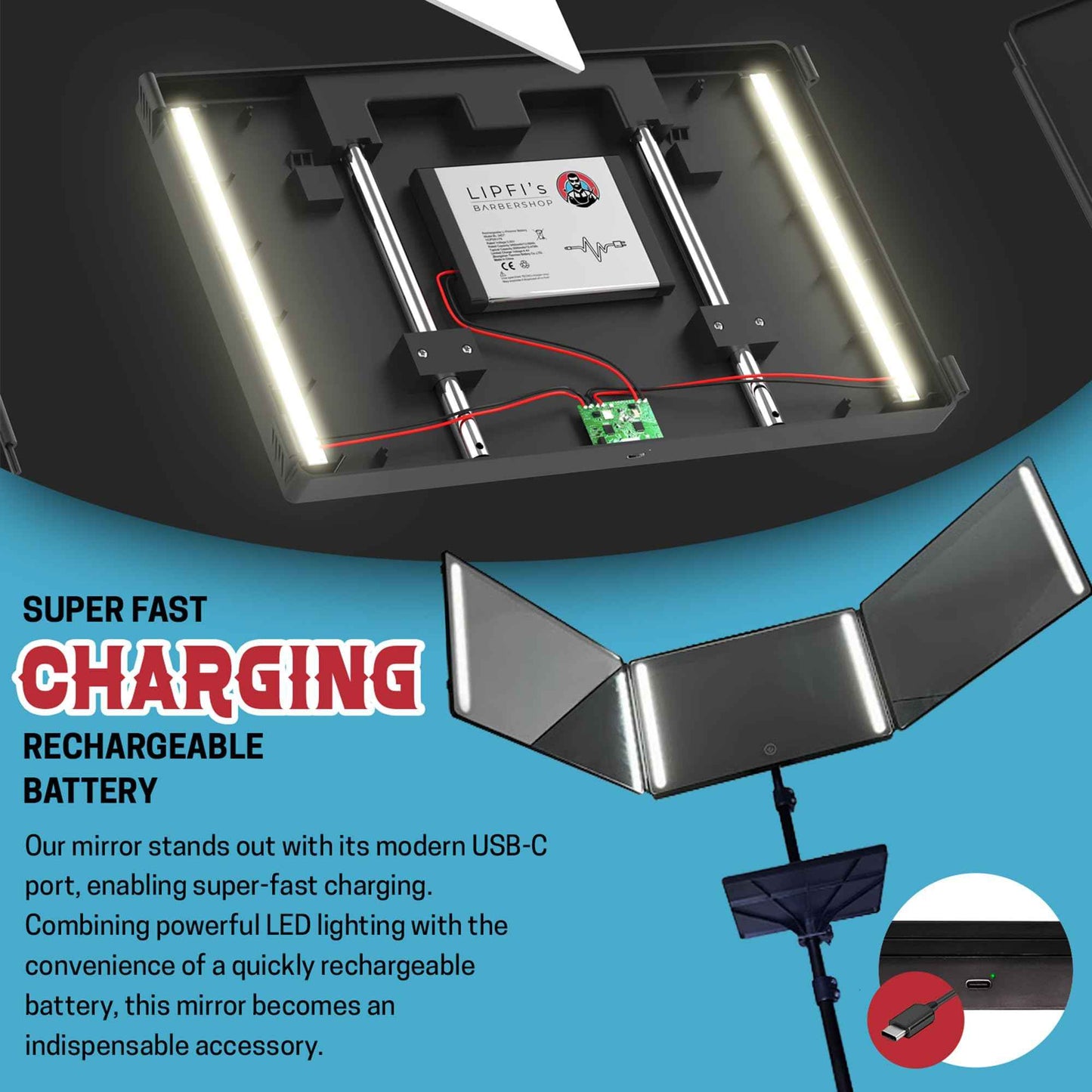 LIPFISBARBERSHOP.COM 360° Mirror with Tripod, 3-Way Mirro for Self Hair Cutting, Includes Crystal-Clear Glass, 4 LEDs, USB-C Fast Charging, Rechargeable Battery (360 Mirror + Tripod + Adapter)
