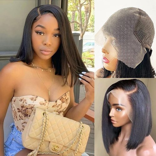 13x6 Bob Lace Front Wigs Human Hair Straight Wigs for Black Women Bob Wig Human Hair Side Part Frontal Bob Wigs Pre Plucked with Baby Hair Natural Hairline (16 Inch)