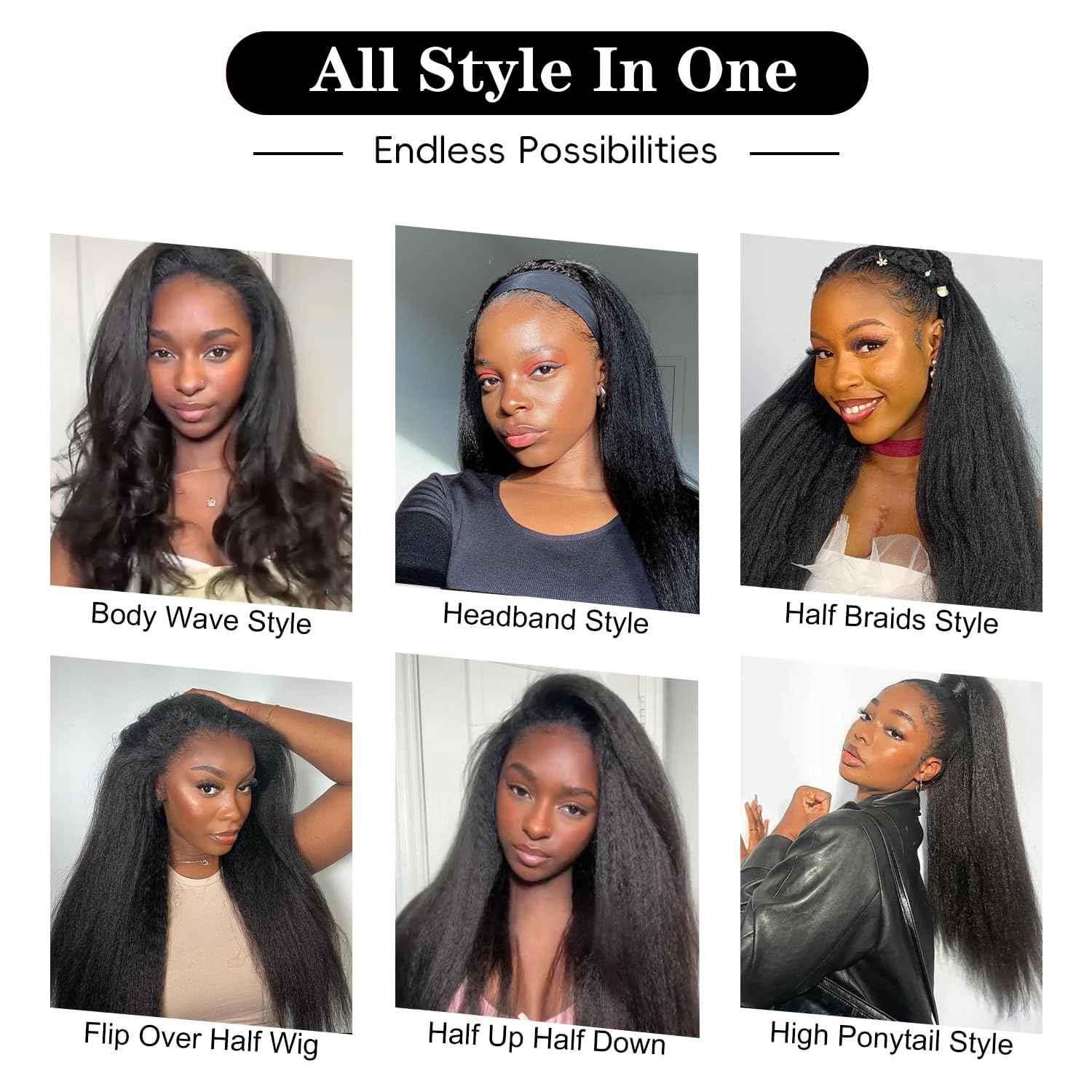 200 Density Kinky Straight Half Wig Human Hair 18 Inch,Yaki Straight 3 In 1 Seamless Flip Over Half Wigs Human Hair Glueless Wear Go Beginner Friendly Curly Half Wig Drawstring Headband Wig for Women