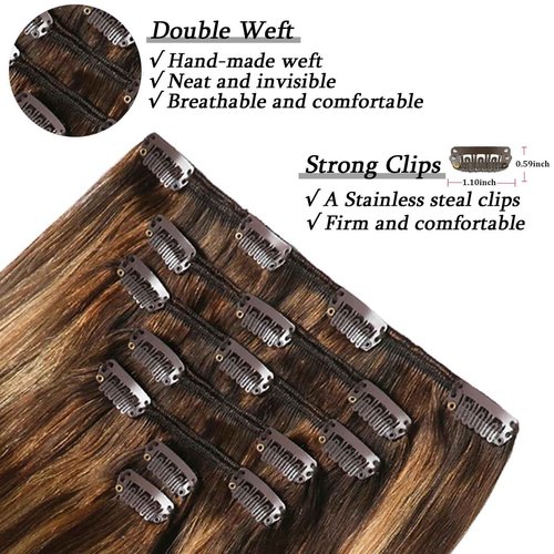 Savasana Clip in Hair Extensions Real Human Hair Straight 7 Pcs Balayage Clip in Hair Extensions Double Weft Thick Chocolate Brown to Caramel Blonde 22 Inch 120g