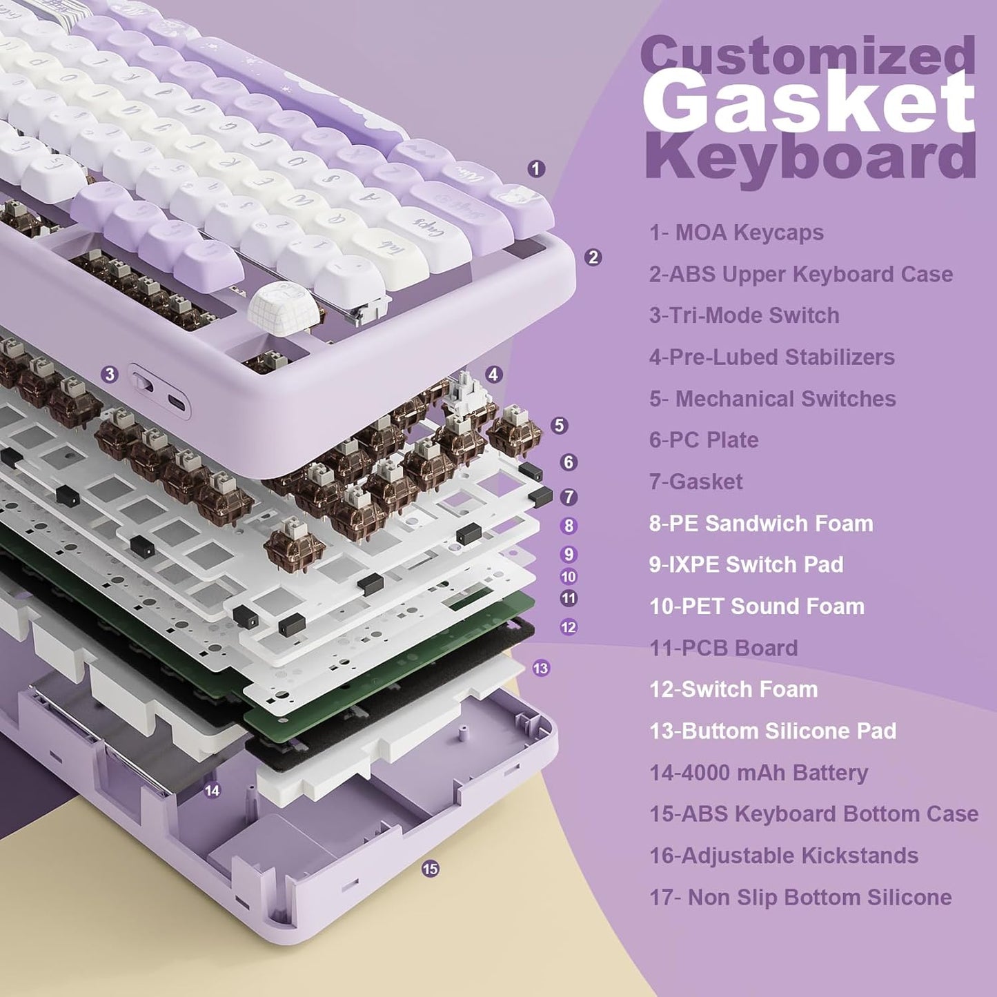 YUNZII B87 Wireless Mechanical Keyboard,QMK/VIA Programmable,TKL Layout 87 Keys,BT/2.4G/USB-C,Hot Swap Gasket Mount RGB Backlit Gaming with Wrist Rest for Win/Mac(Purple, Cocoa Cream V2)