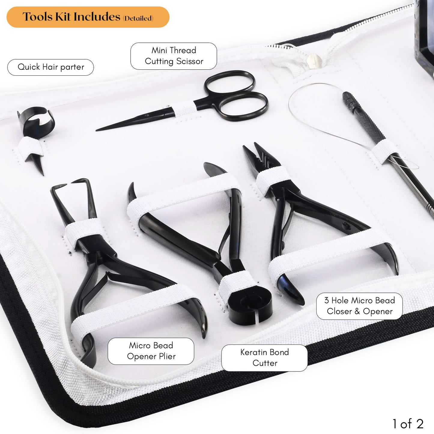 My Hair Tools Hair Extension Tools Kit – Tape-in Press Plier, Keratin Bond Cutter, 3 Hole Nano & Micro Beads Crimping & Remover Pliers, Hair Parting Tool, Mini Scissor, 12pcs Clips & Needles (Black)