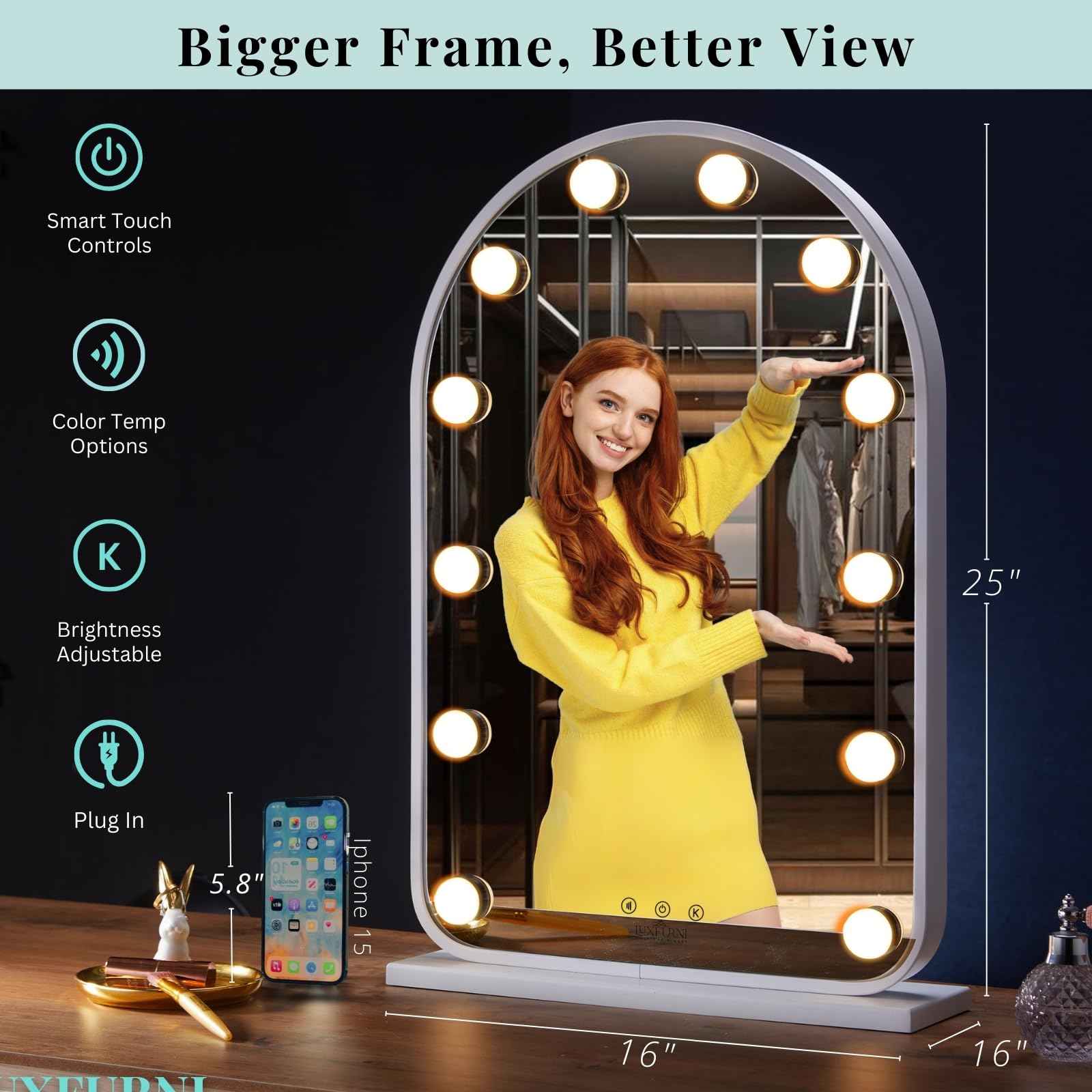LUXFURNI Vanity Mirror with Lights, 24.5" x 15.8" Arched LED Makeup Mirror, Lighted Hollywood Mirror with Lights, Smart Touch Control Dimmable 3 Modes Light, White