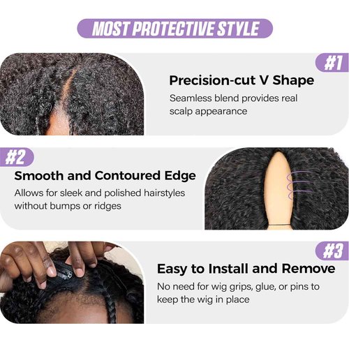OQ Hair V Part Wig Human Hair Afro Curly Upgrade U Part With Adjustable Drawstring 180% Density V Shape Clip In Half Wig For Women Natural Color 18 Inch